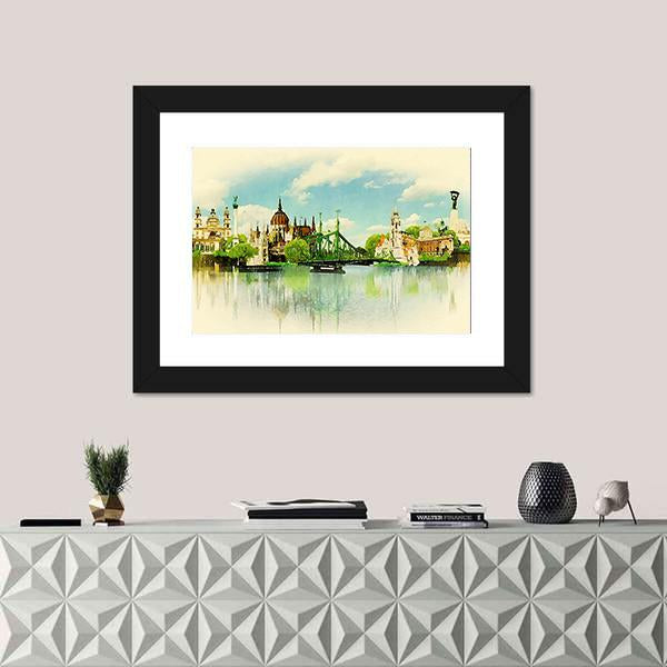 Watercolor Illustration BUDAPEST View Canvas Wall Art-1 Piece-Framed Print-20" x 16"-Tiaracle