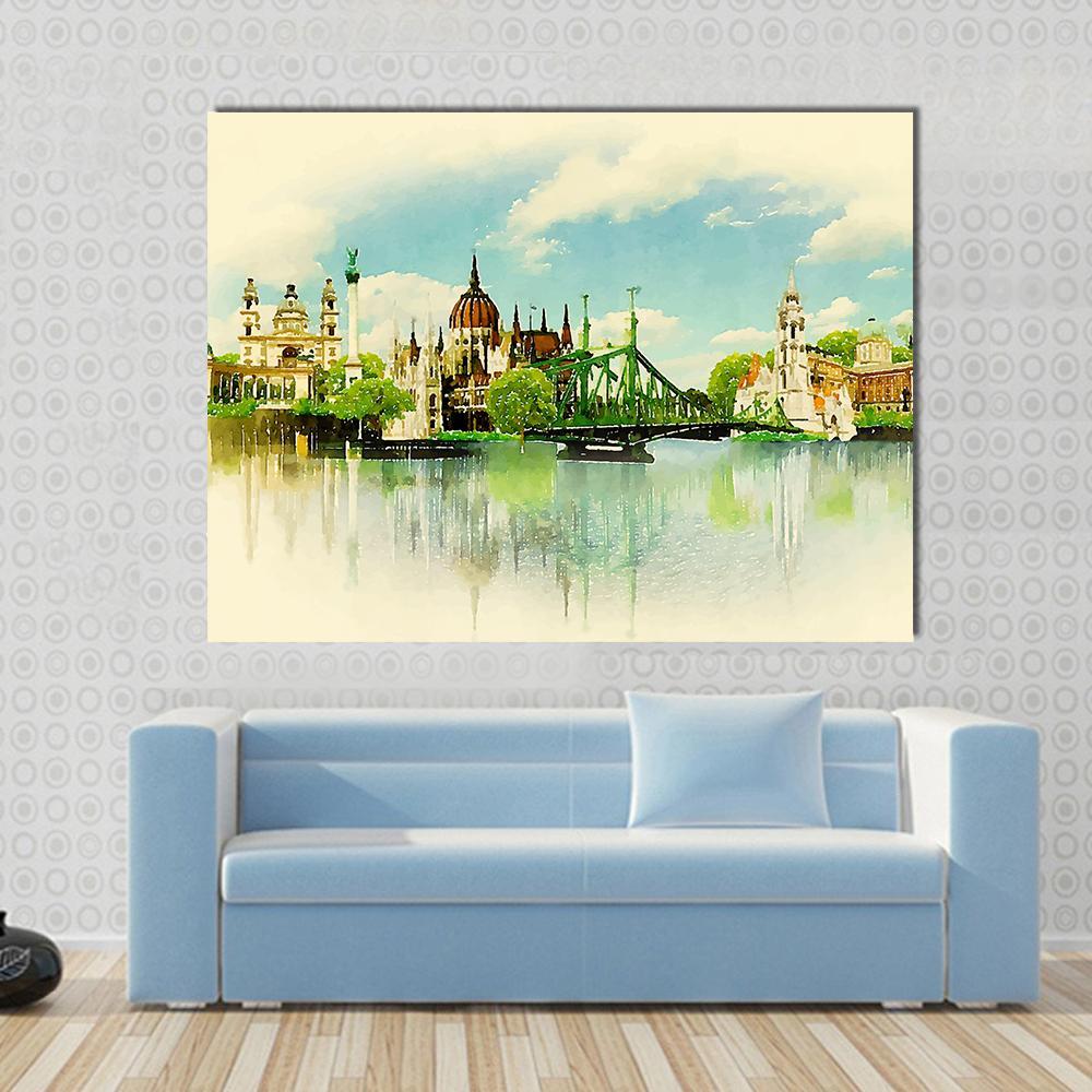 Watercolor Illustration BUDAPEST View Canvas Wall Art-1 Piece-Gallery Wrap-48" x 32"-Tiaracle