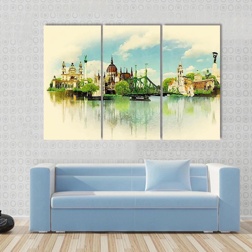 Watercolor Illustration BUDAPEST View Canvas Wall Art-3 Horizontal-Gallery Wrap-37" x 24"-Tiaracle