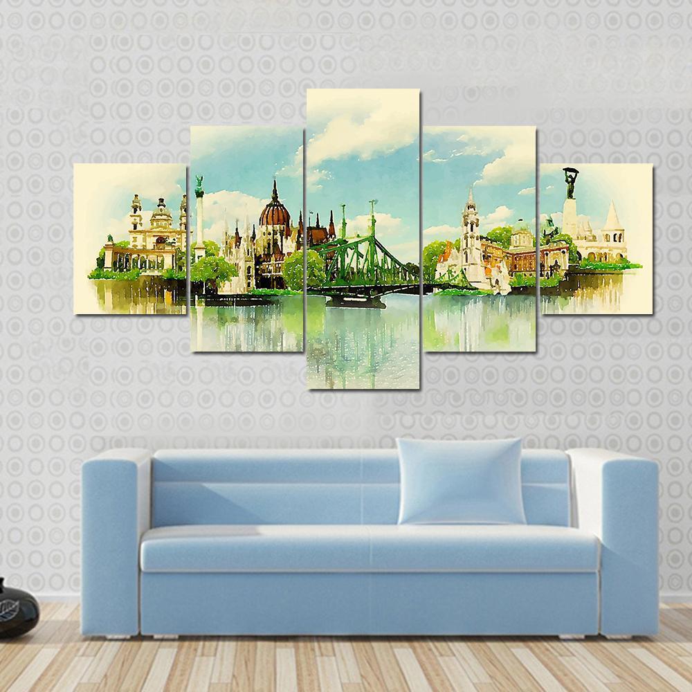 Watercolor Illustration BUDAPEST View Canvas Wall Art-5 Star-Gallery Wrap-62" x 32"-Tiaracle