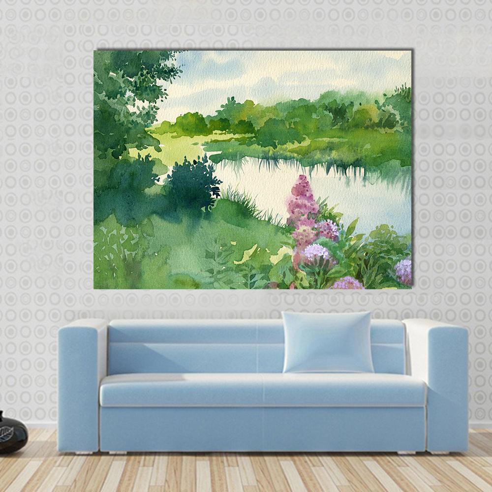 Watercolor Landscape Near The River Canvas Wall Art-1 Piece-Gallery Wrap-48" x 32"-Tiaracle