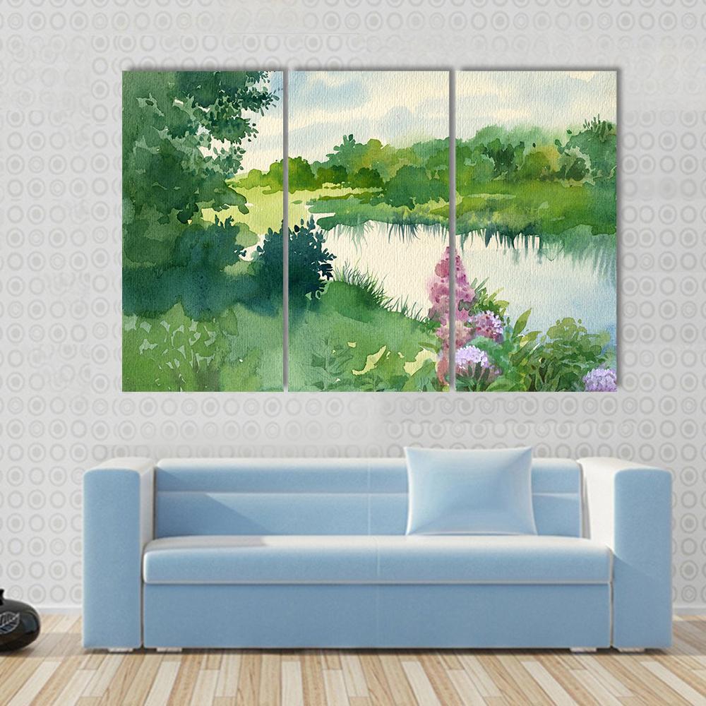 Watercolor Landscape Near The River Canvas Wall Art-3 Horizontal-Gallery Wrap-37" x 24"-Tiaracle