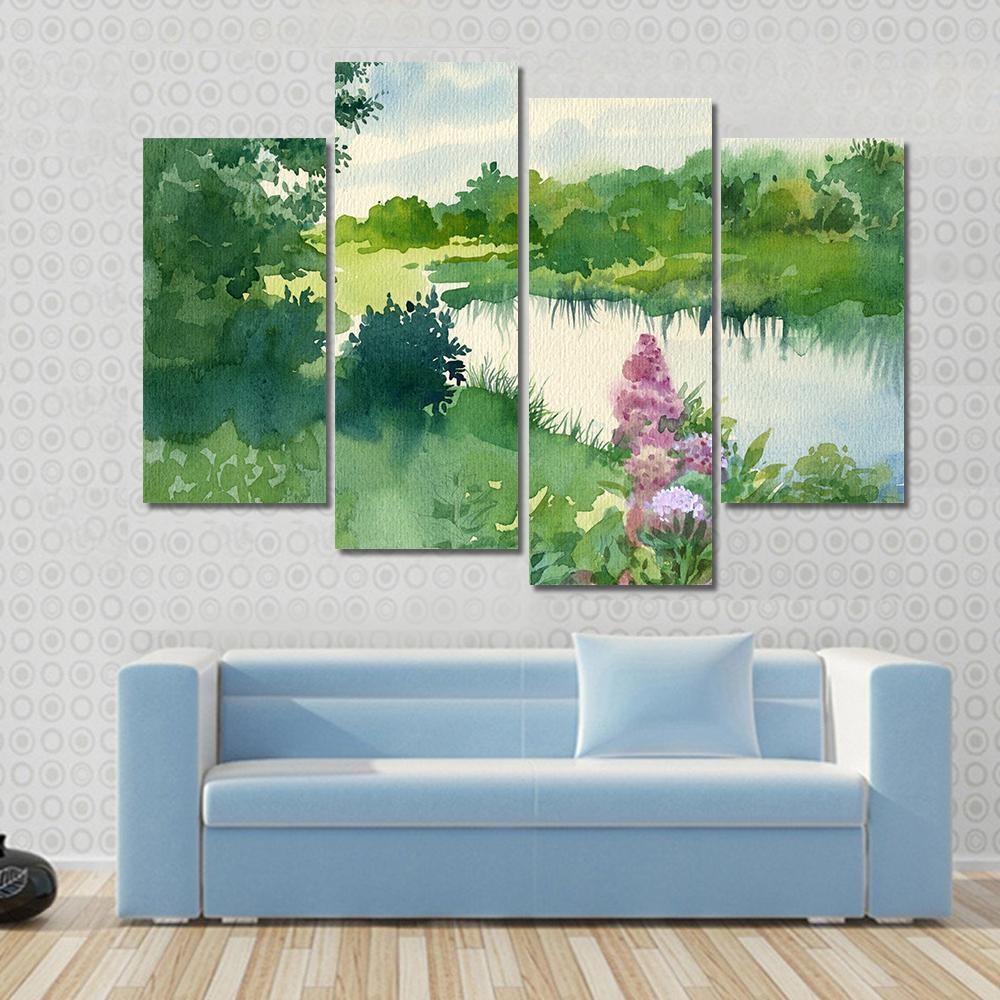 Watercolor Landscape Near The River Canvas Wall Art-4 Pop-Gallery Wrap-50" x 32"-Tiaracle