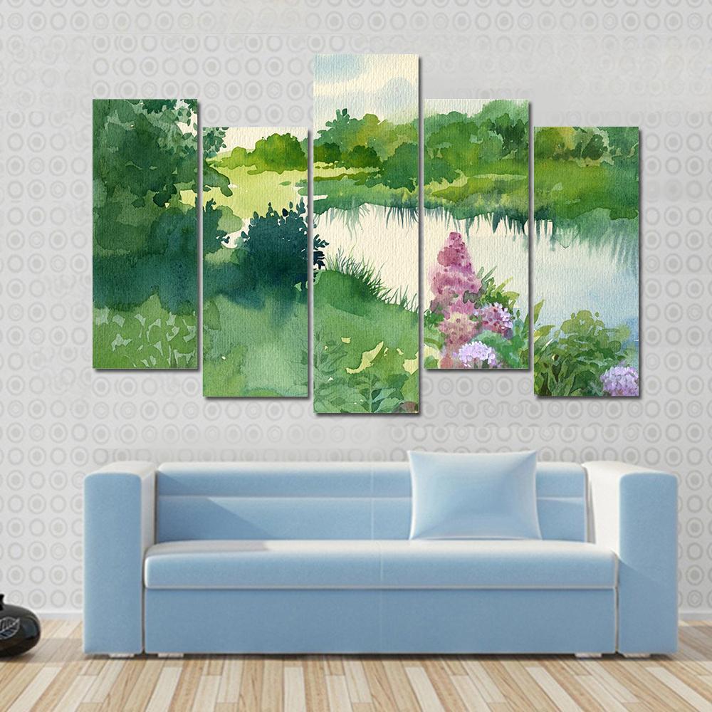 Watercolor Landscape Near The River Canvas Wall Art-5 Pop-Gallery Wrap-47" x 32"-Tiaracle