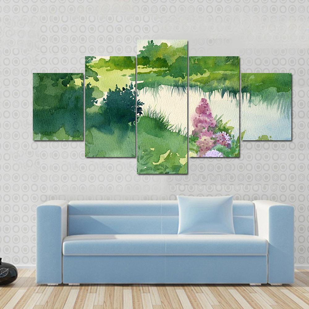 Watercolor Landscape Near The River Canvas Wall Art-5 Star-Gallery Wrap-62" x 32"-Tiaracle