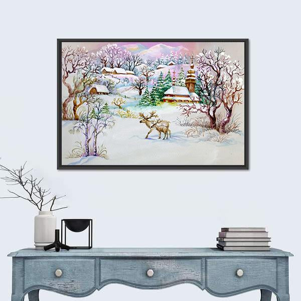 Watercolor Landscape Winter Village Life Canvas Wall Art-1 Piece-Floating Frame-24" x 16"-Tiaracle