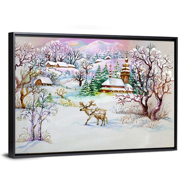 Watercolor Landscape Winter Village Life Canvas Wall Art-3 Horizontal-Gallery Wrap-25" x 16"-Tiaracle