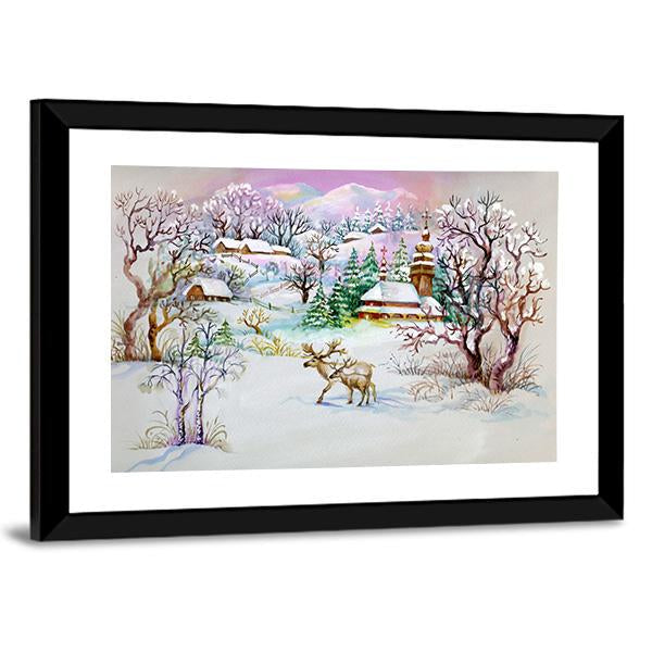 Watercolor Landscape Winter Village Life Canvas Wall Art-3 Horizontal-Gallery Wrap-25" x 16"-Tiaracle