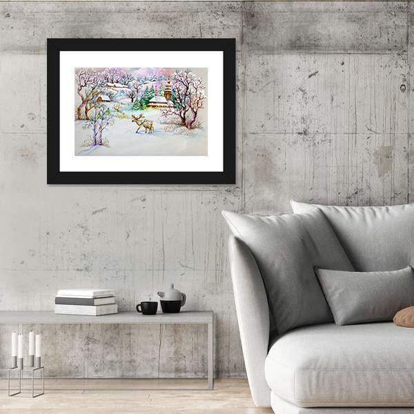 Watercolor Landscape Winter Village Life Canvas Wall Art-3 Horizontal-Gallery Wrap-25" x 16"-Tiaracle