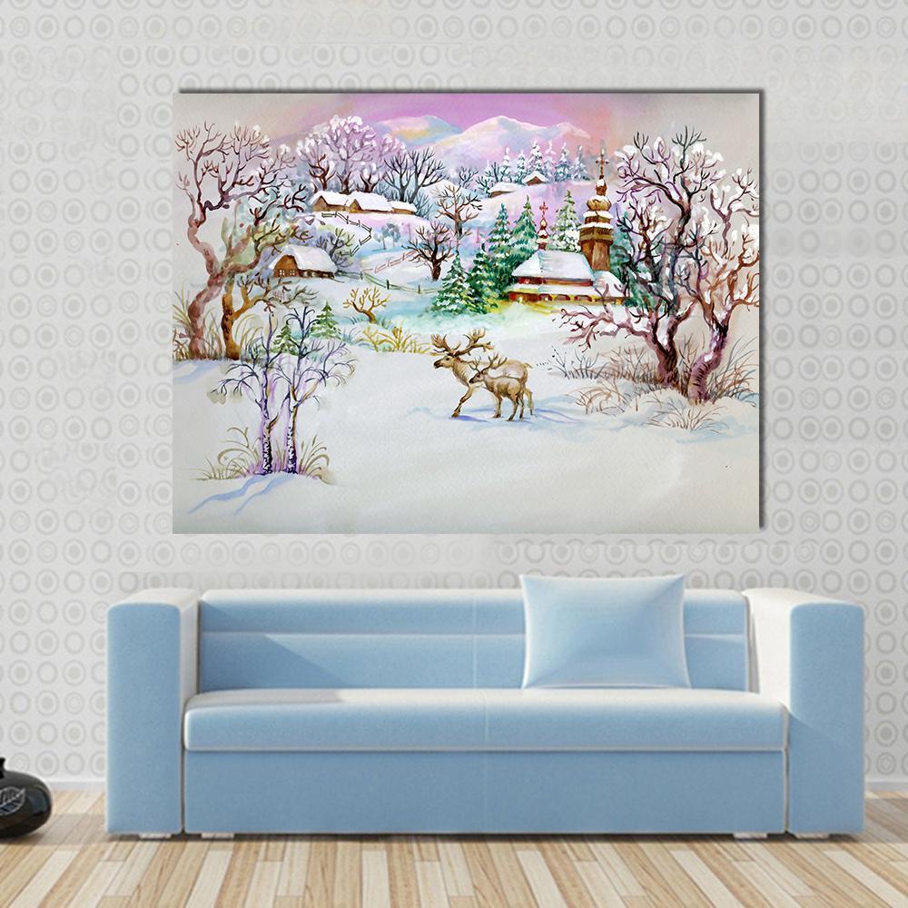 Watercolor Landscape Winter Village Life Canvas Wall Art-1 Piece-Gallery Wrap-48" x 32"-Tiaracle