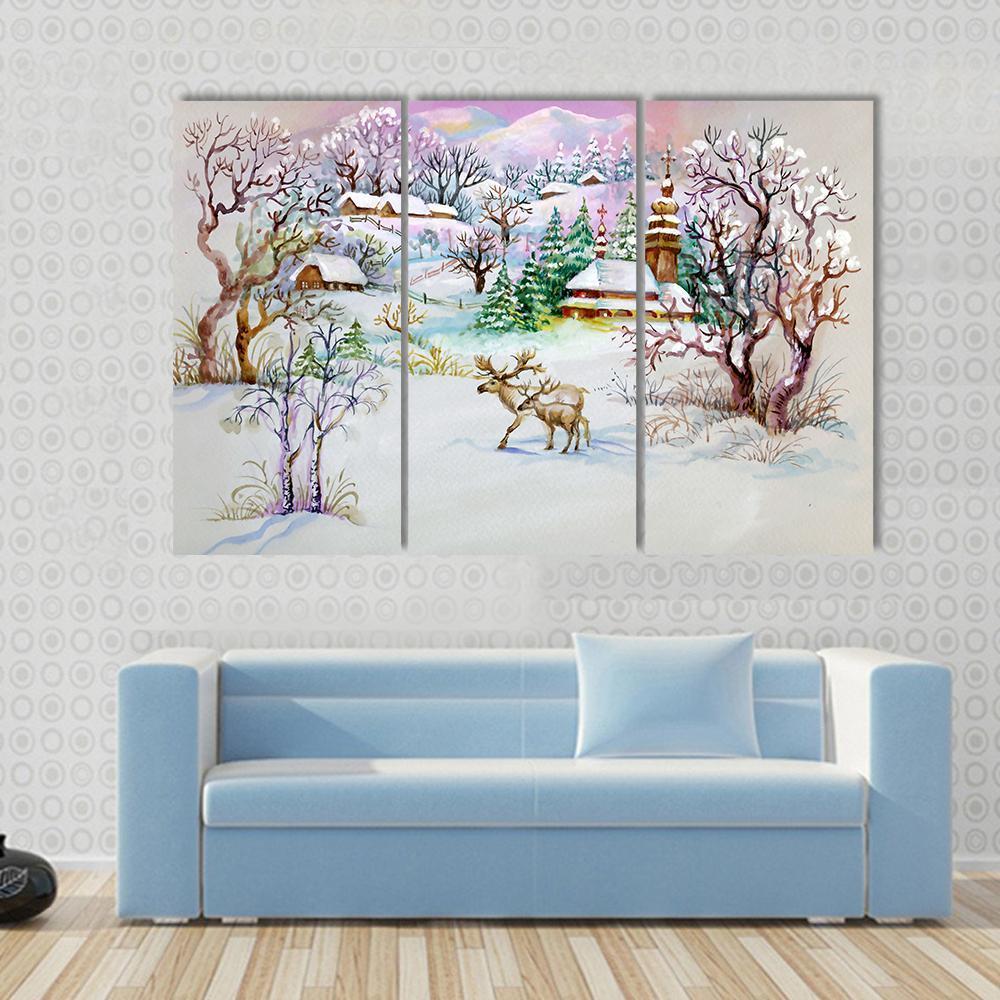 Watercolor Landscape Winter Village Life Canvas Wall Art-3 Horizontal-Gallery Wrap-37" x 24"-Tiaracle