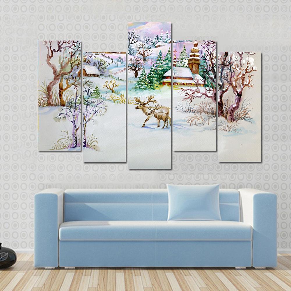 Watercolor Landscape Winter Village Life Canvas Wall Art-5 Pop-Gallery Wrap-47" x 32"-Tiaracle