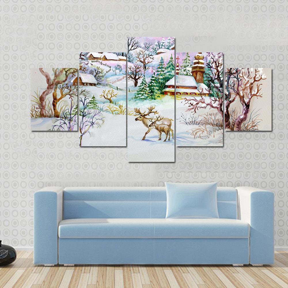 Watercolor Landscape Winter Village Life Canvas Wall Art-5 Star-Gallery Wrap-62" x 32"-Tiaracle