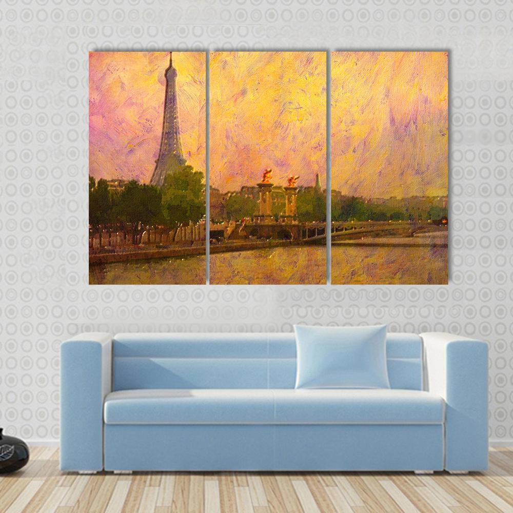 Watercolor Painting Of Eiffel Tower Paris Canvas Wall Art-3 Horizontal-Gallery Wrap-37" x 24"-Tiaracle