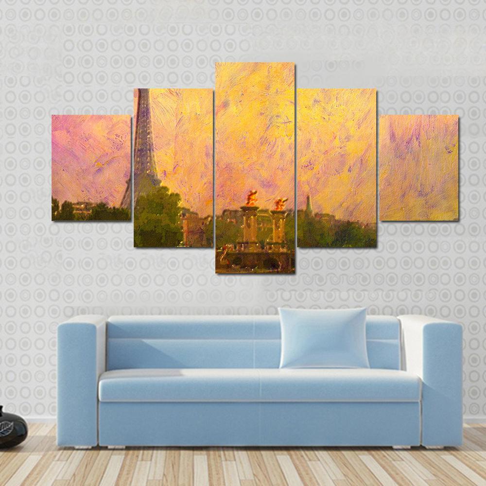 Watercolor Painting Of Eiffel Tower Paris Canvas Wall Art-5 Star-Gallery Wrap-62" x 32"-Tiaracle