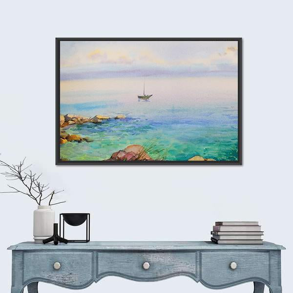 Watercolor Painting Seascape Canvas Wall Art-1 Piece-Floating Frame-24" x 16"-Tiaracle