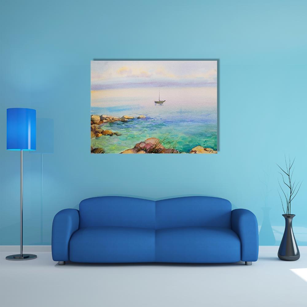 Watercolor Painting Seascape Canvas Wall Art-1 Piece-Gallery Wrap-48" x 32"-Tiaracle