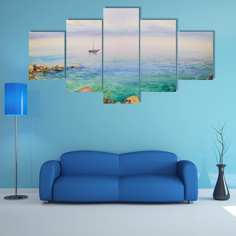 Watercolor Painting Seascape Canvas Wall Art-5 Star-Gallery Wrap-62" x 32"-Tiaracle
