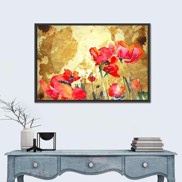 Watercolor Poppy Flower Canvas Wall Art-1 Piece-Floating Frame-24" x 16"-Tiaracle