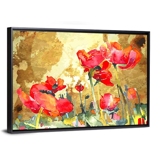 Watercolor Poppy Flower Canvas Wall Art-3 Horizontal-Gallery Wrap-25" x 16"-Tiaracle