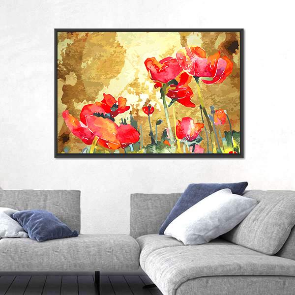Watercolor Poppy Flower Canvas Wall Art-3 Horizontal-Gallery Wrap-25" x 16"-Tiaracle