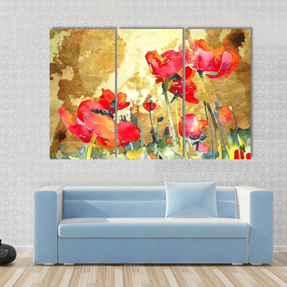 Watercolor Poppy Flower Canvas Wall Art-3 Horizontal-Gallery Wrap-37" x 24"-Tiaracle