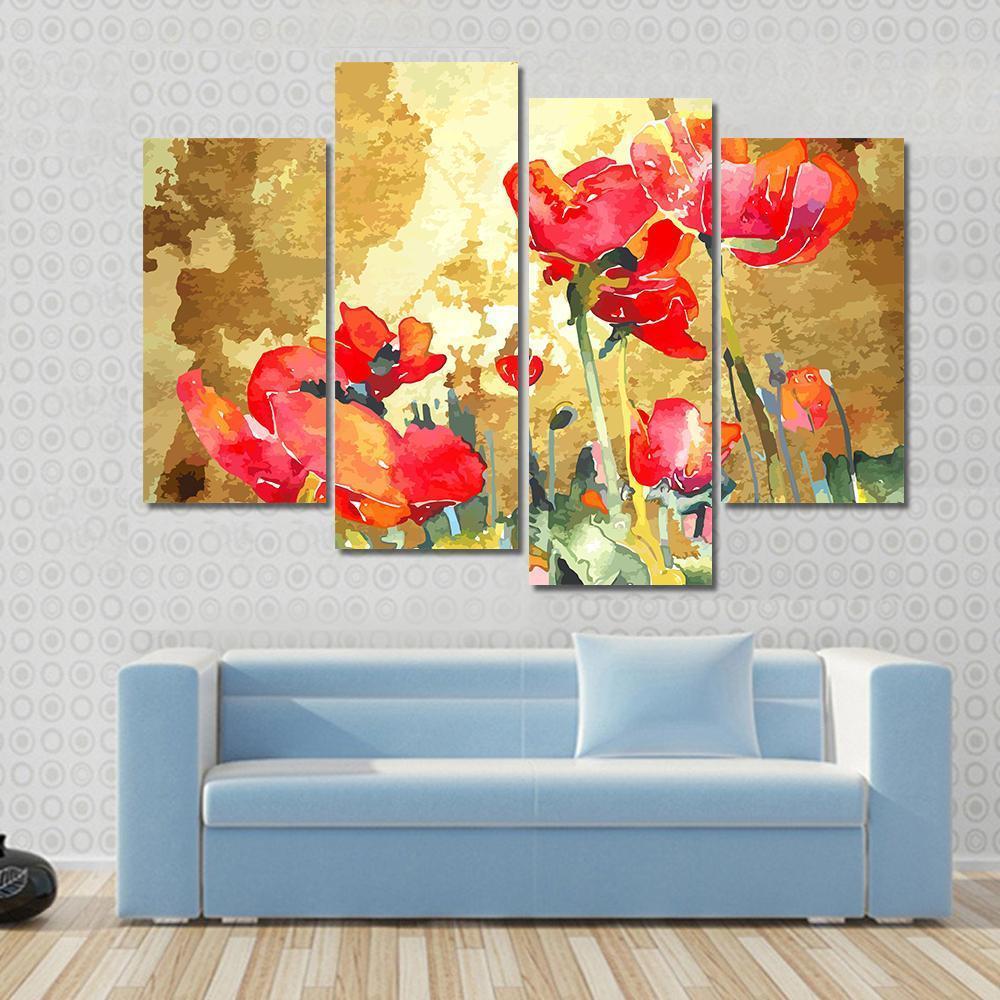 Watercolor Poppy Flower Canvas Wall Art-4 Pop-Gallery Wrap-50" x 32"-Tiaracle