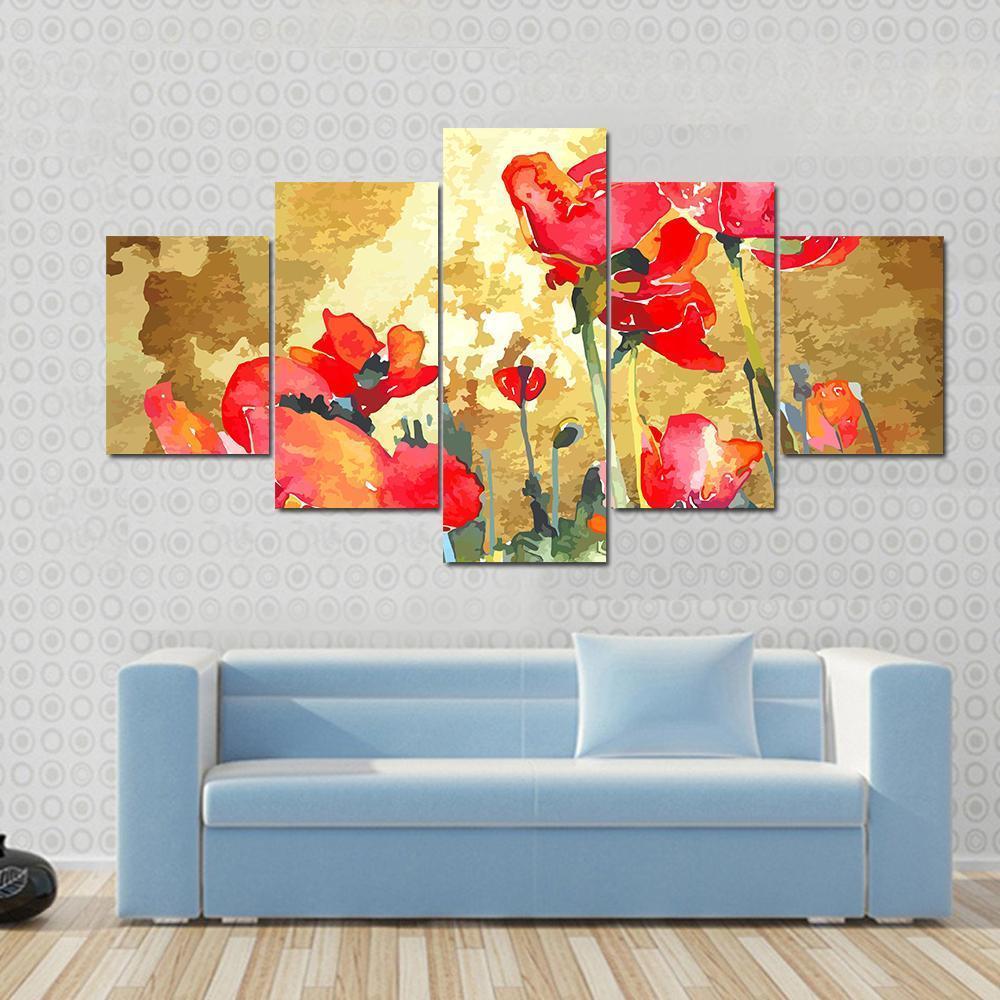 Watercolor Poppy Flower Canvas Wall Art-5 Star-Gallery Wrap-62" x 32"-Tiaracle