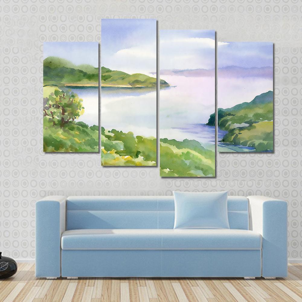 Watercolor River Nature Landscape Canvas Wall Art-4 Pop-Gallery Wrap-50" x 32"-Tiaracle