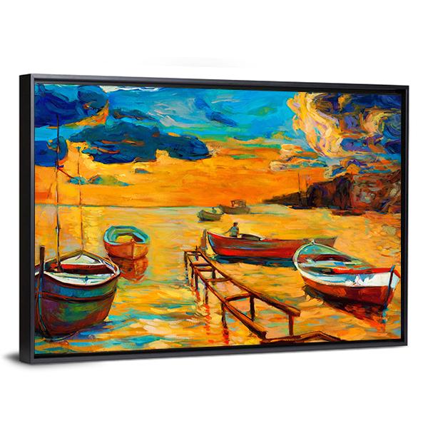 Watercolor Sketch Of Boat And Jetty Canvas Wall Art-3 Horizontal-Gallery Wrap-25" x 16"-Tiaracle
