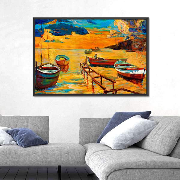 Watercolor Sketch Of Boat And Jetty Canvas Wall Art-3 Horizontal-Gallery Wrap-25" x 16"-Tiaracle