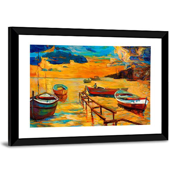 Watercolor Sketch Of Boat And Jetty Canvas Wall Art-3 Horizontal-Gallery Wrap-25" x 16"-Tiaracle