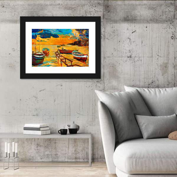 Watercolor Sketch Of Boat And Jetty Canvas Wall Art-3 Horizontal-Gallery Wrap-25" x 16"-Tiaracle