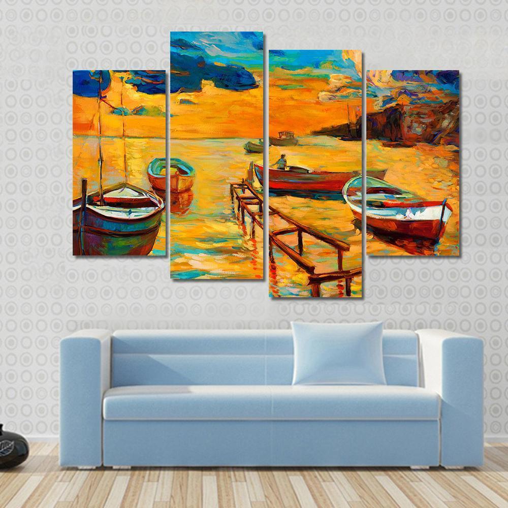 Watercolor Sketch Of Boat And Jetty Canvas Wall Art-4 Pop-Gallery Wrap-50" x 32"-Tiaracle