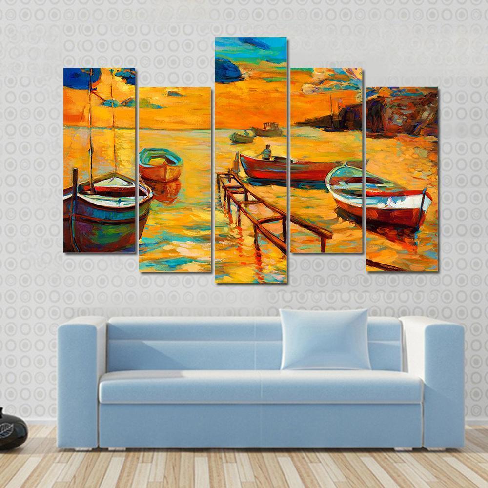 Watercolor Sketch Of Boat And Jetty Canvas Wall Art-5 Pop-Gallery Wrap-47" x 32"-Tiaracle