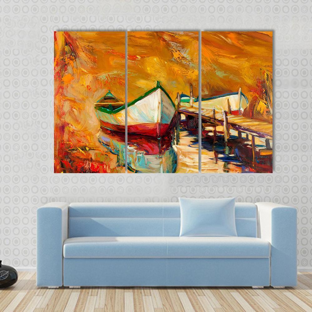 Abstract Boat & Jetty Canvas Wall Art-3 Horizontal-Gallery Wrap-37" x 24"-Tiaracle