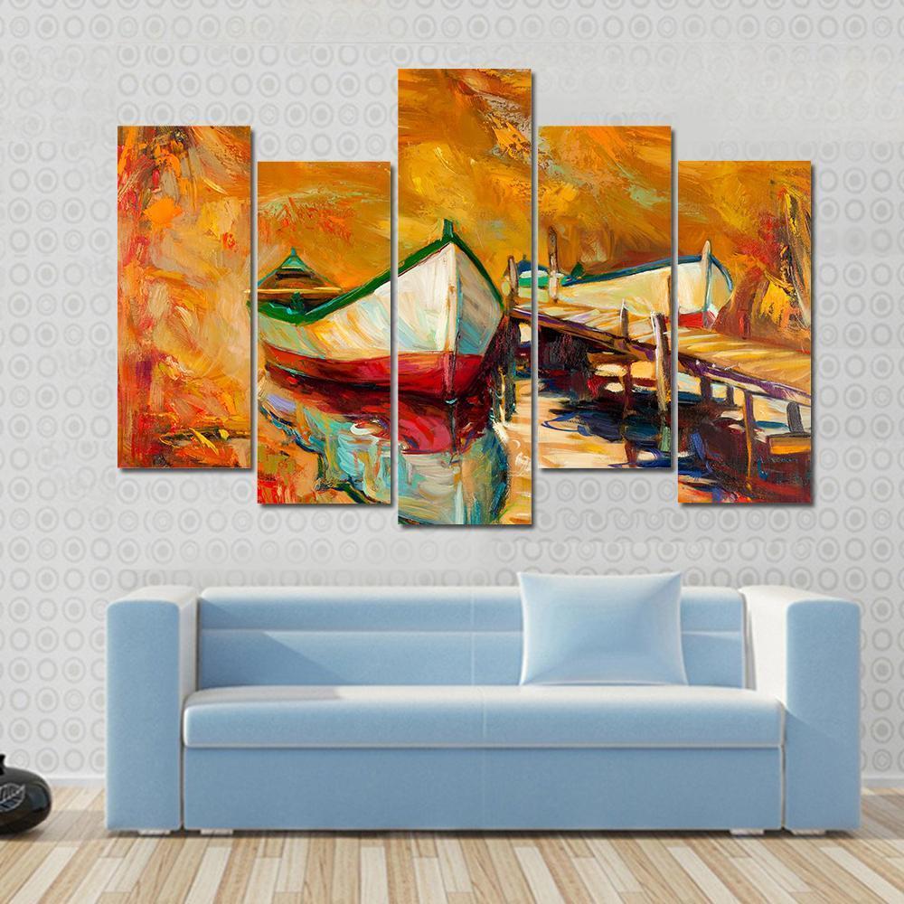 Abstract Boat & Jetty Canvas Wall Art-5 Pop-Gallery Wrap-47" x 32"-Tiaracle