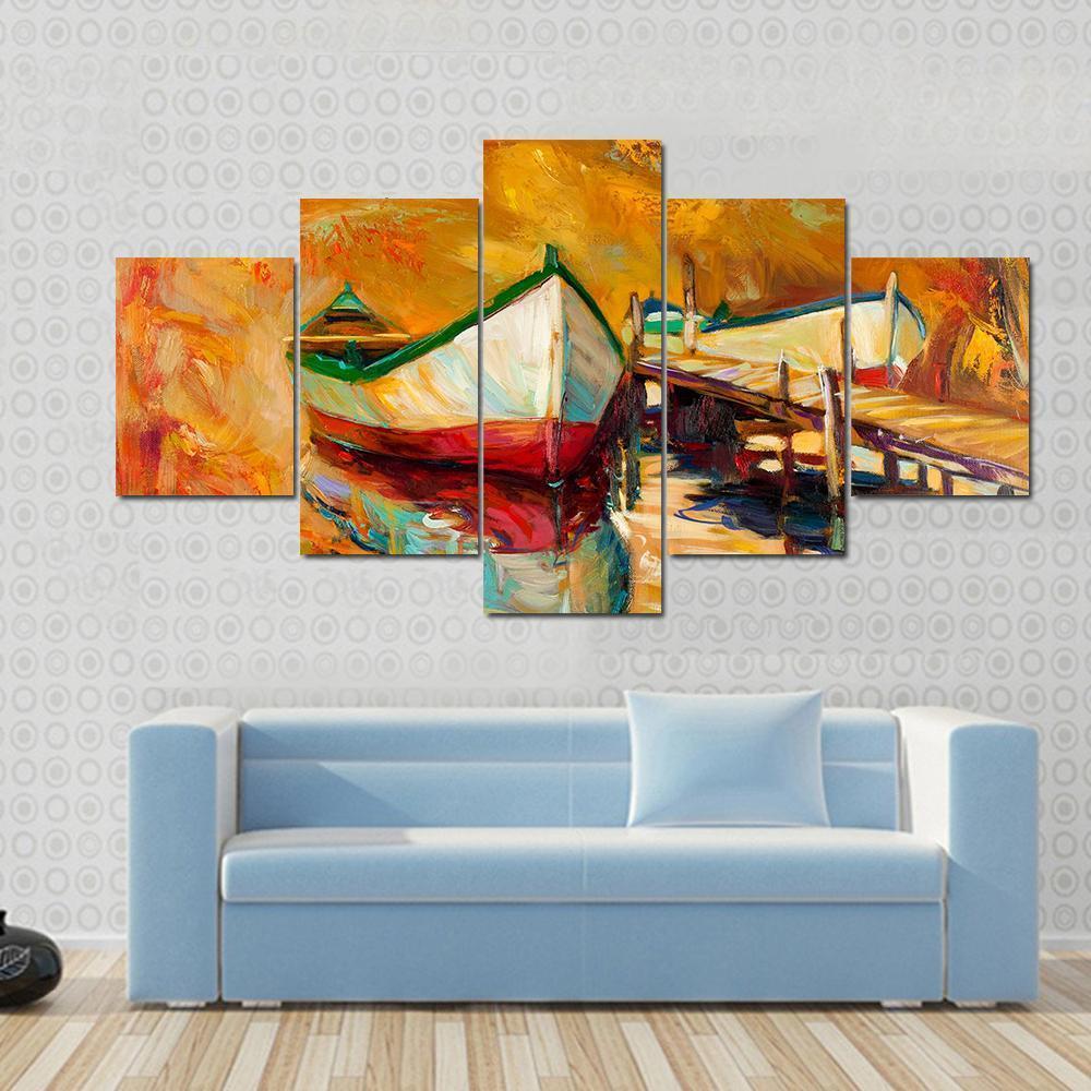 Abstract Boat & Jetty Canvas Wall Art-5 Star-Gallery Wrap-62" x 32"-Tiaracle