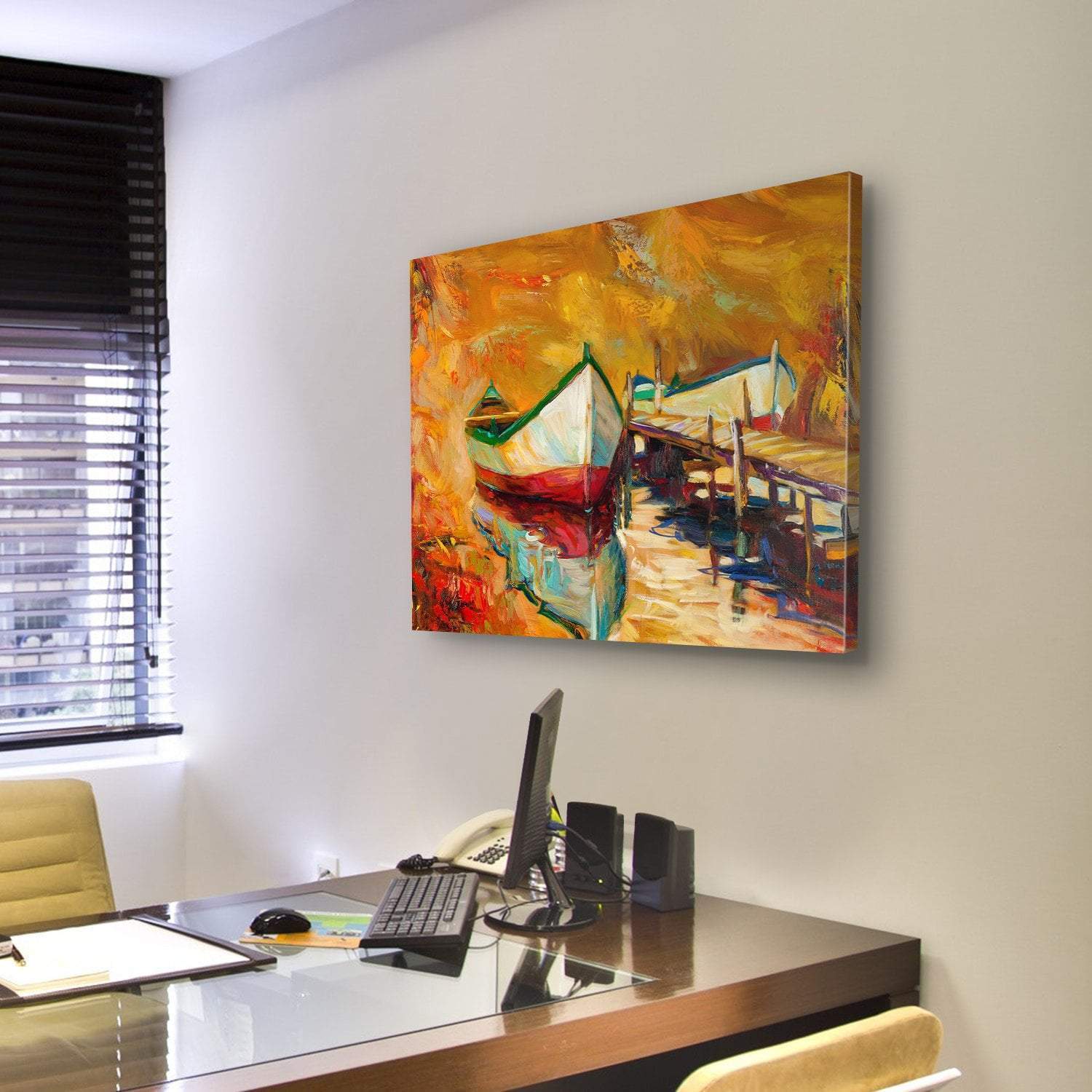 Abstract Boat & Jetty Canvas Wall Art-3 Horizontal-Gallery Wrap-25" x 16"-Tiaracle