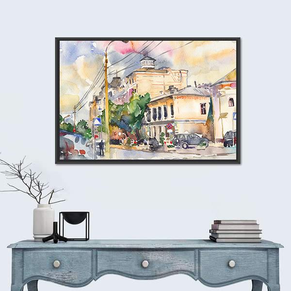 Watercolor Sketch Of City Illustration Canvas Wall Art-1 Piece-Floating Frame-24" x 16"-Tiaracle
