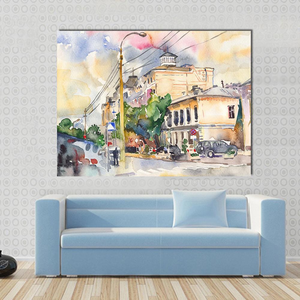 Watercolor Sketch Of City Illustration Canvas Wall Art-1 Piece-Gallery Wrap-48" x 32"-Tiaracle