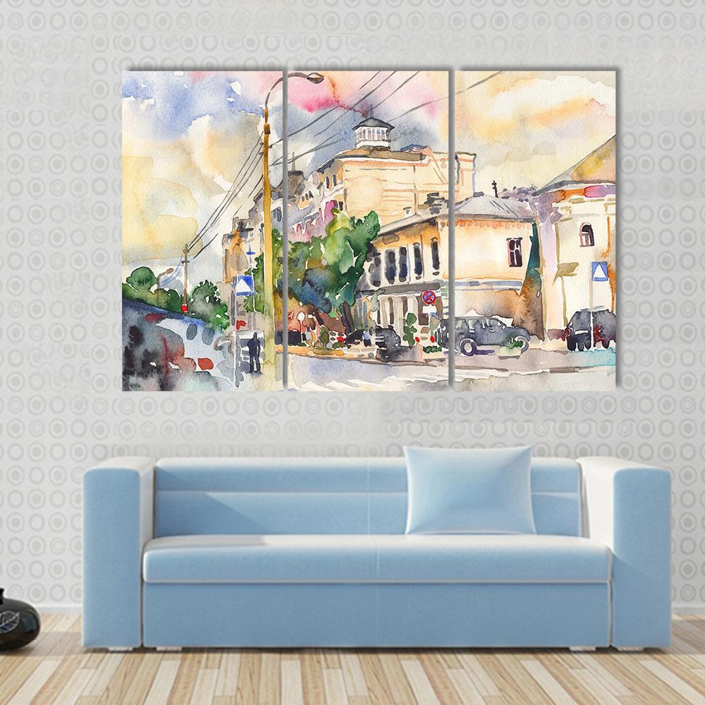Watercolor Sketch Of City Illustration Canvas Wall Art-3 Horizontal-Gallery Wrap-37" x 24"-Tiaracle