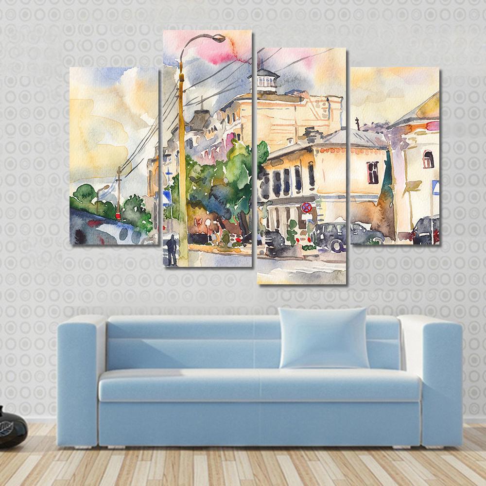 Watercolor Sketch Of City Illustration Canvas Wall Art-4 Pop-Gallery Wrap-50" x 32"-Tiaracle
