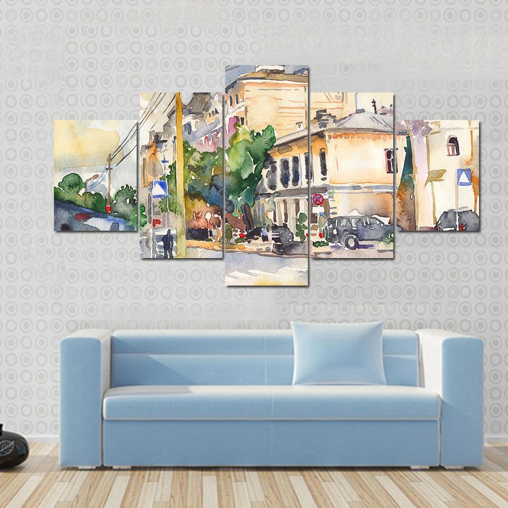 Watercolor Sketch Of City Illustration Canvas Wall Art-5 Star-Gallery Wrap-62" x 32"-Tiaracle