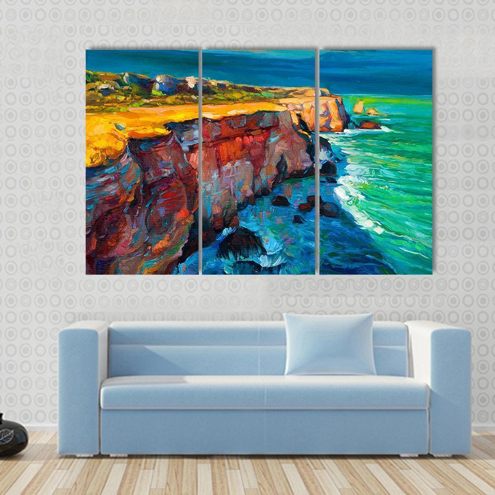 Watercolor Sketch Of Cliffs And Ocean Canvas Wall Art-3 Horizontal-Gallery Wrap-37" x 24"-Tiaracle