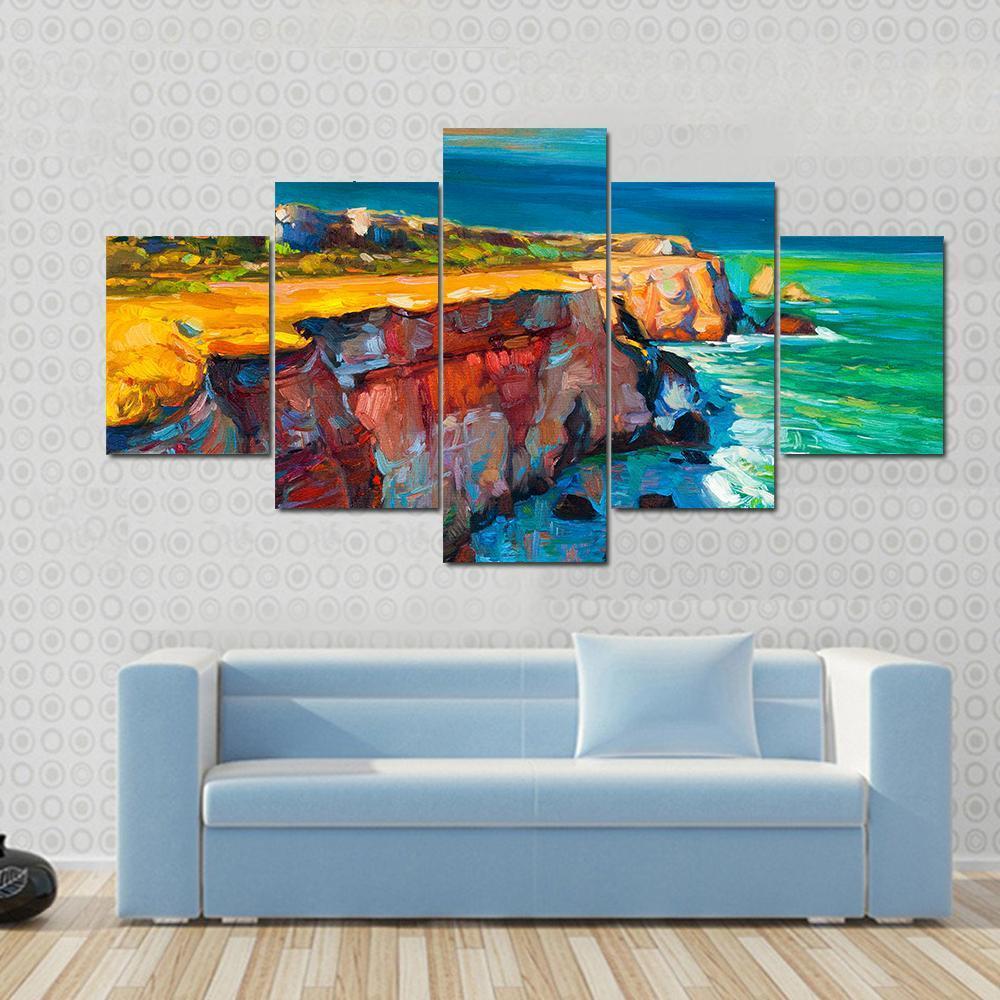 Watercolor Sketch Of Cliffs And Ocean Canvas Wall Art-5 Star-Gallery Wrap-62" x 32"-Tiaracle