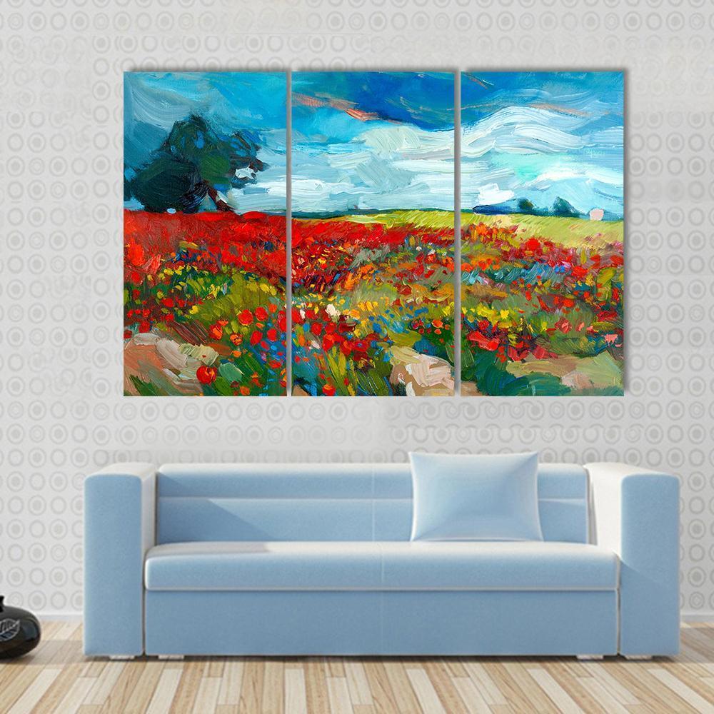 Watercolor Sketch Of Fields Of Flowers Canvas Wall Art-3 Horizontal-Gallery Wrap-37" x 24"-Tiaracle