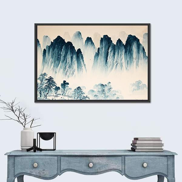 Watercolor Sketch Of High Mountains And Trees Canvas Wall Art-1 Piece-Floating Frame-24" x 16"-Tiaracle