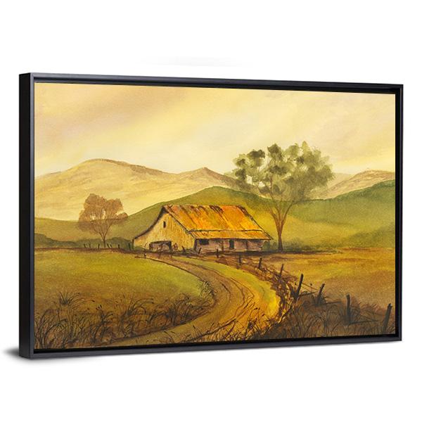 Watercolor Sketch Of Pathway Leading To Village Canvas Wall Art-3 Horizontal-Gallery Wrap-25" x 16"-Tiaracle