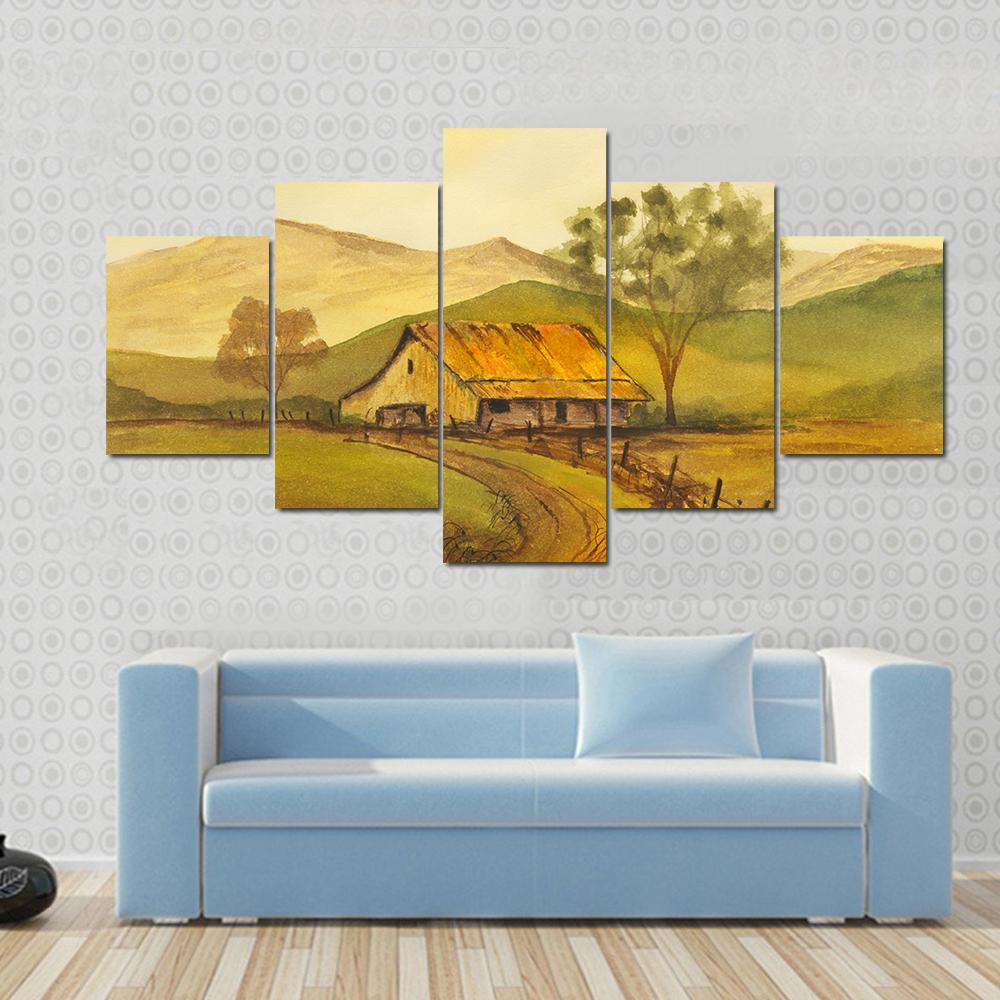 Watercolor Sketch Of Pathway Leading To Village Canvas Wall Art-5 Star-Gallery Wrap-62" x 32"-Tiaracle